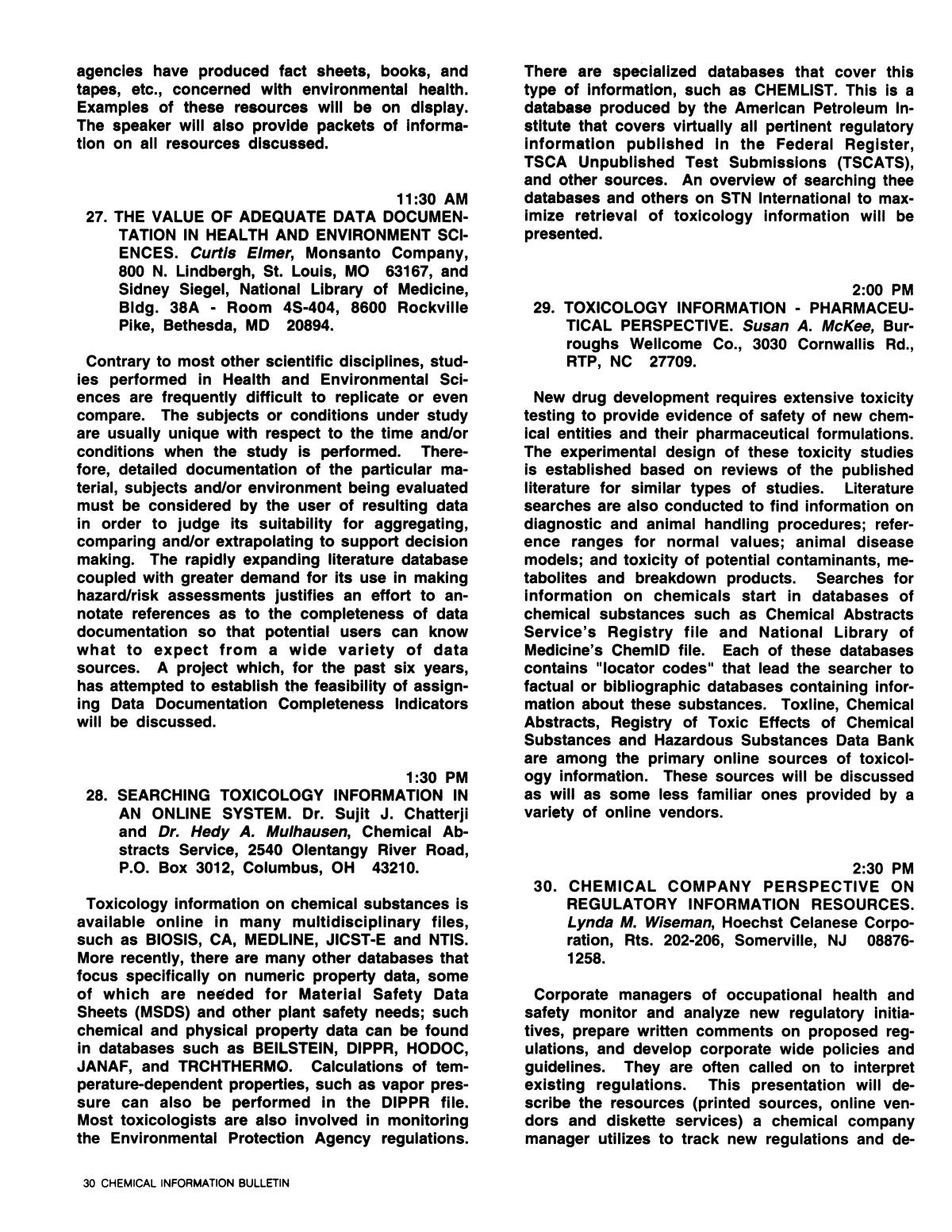 Chemical Information Bulletin, Volume 43, Number 1, Spring 1991
                                                
                                                    30
                                                