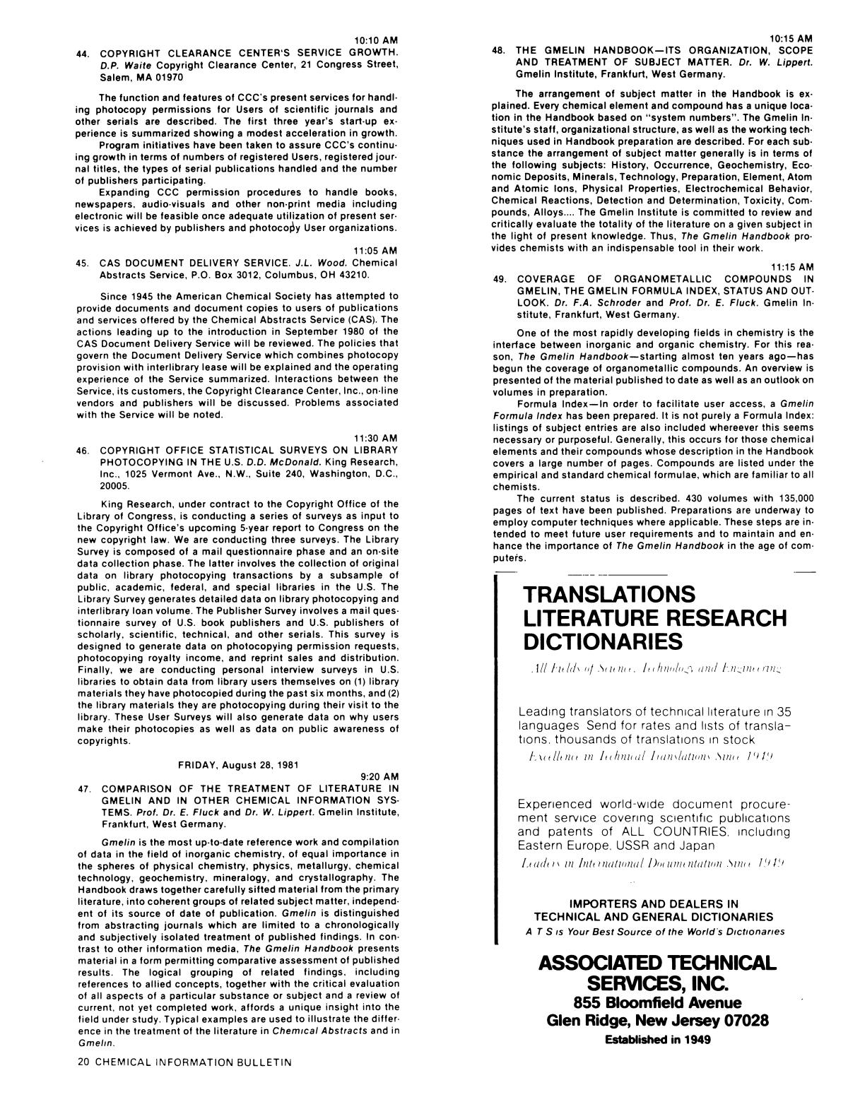 Chemical Information Bulletin, Volume 33, Number 2, Summer 1981
                                                
                                                    20
                                                