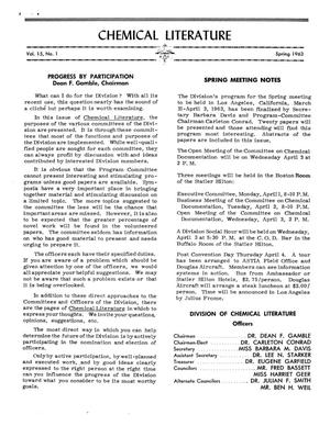 Primary view of object titled 'Chemical Literature, Volume 15, Number 1, Spring 1963'.
