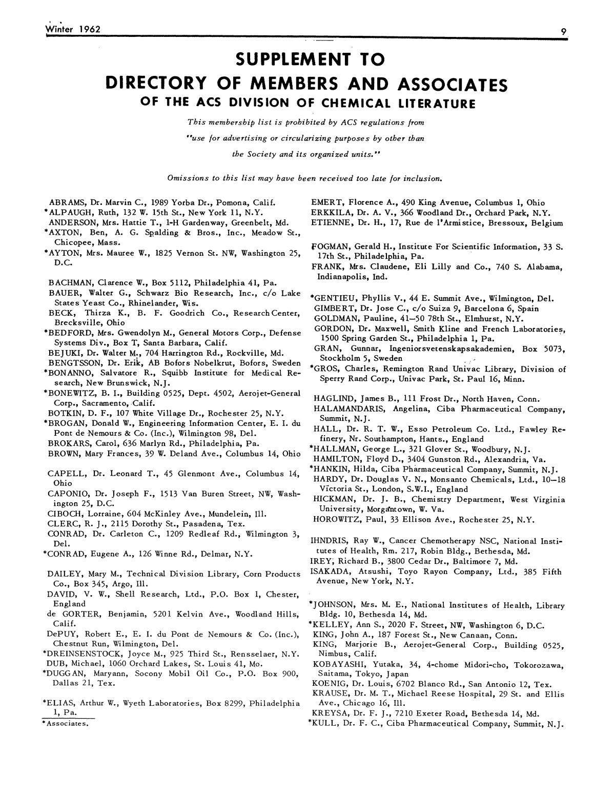 Chemical Literature Volume 14 Number 4 Winter 1962 Page 9 Unt Digital Library