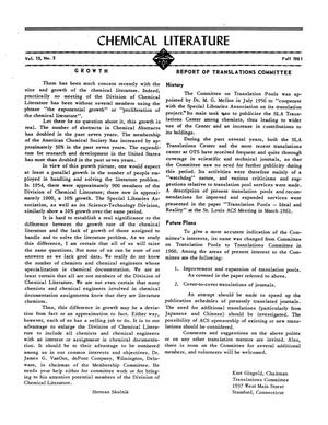 Primary view of object titled 'Chemical Literature, Volume 13, Number 3, Fall 1961'.