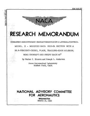 High-Speed Aerodynamic Characteristics of a Lateral-Control Model 2: Modified NACA 0012-64 Section with a 26.6-Percent-Chord, Plain, Trailing-Edge Aileron; Wing Unswept and Swept Back 45 Degrees