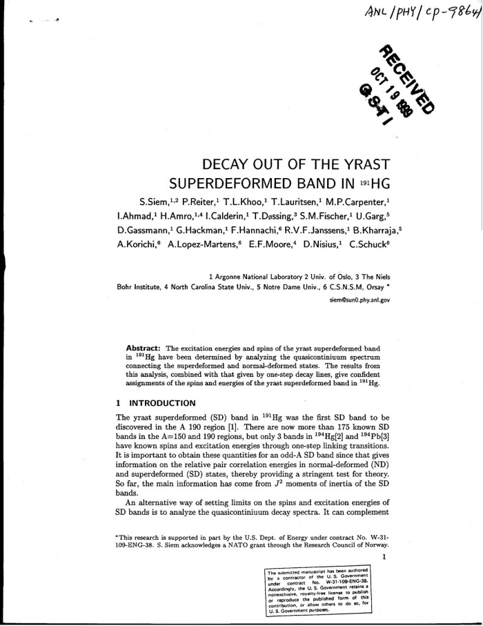 Decay Out Of The Yrast Superdeformed Band In Sup 191 Hg Unt Digital Library