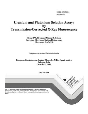 Uranium and plutonium solution assays by transmission-corrected x-ray fluorescence
