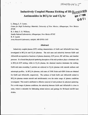 Inductively Coupled Plasma Etching of III-V Antimonides in BCl(3)/Ar and Cl(2)/Ar