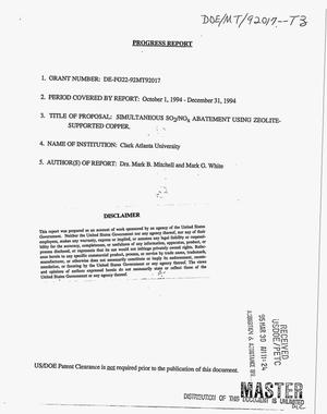 Simultaneous SO{sub 2}/NO{sub x} abatement using zeolite supported copper. Quarterly progress report, October 1, 1994--December 31, 1994