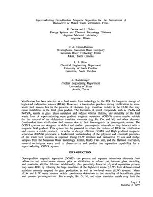 Superconducting open-gradient magnetic separation for the pretreatment of radioactive or mixed waste vitrification feeds. 1997 annual progress report