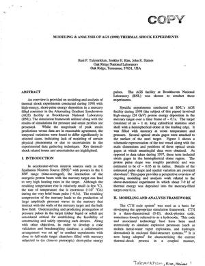 Primary view of object titled 'Modeling and Analysis of AGS (1998) Thermal Shock Experiments'.