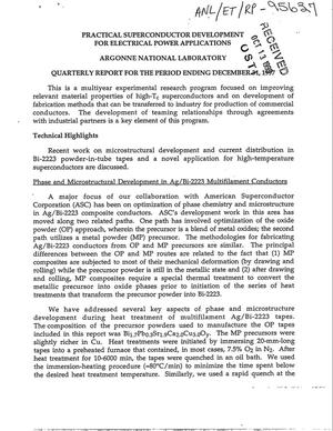 Practical superconductor development for electrical power applications quarterly report for the period ending December 31, 1997.