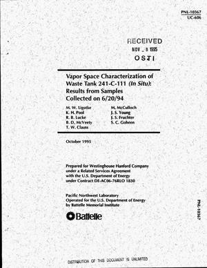 Vapor space characterization of waste Tank 241-C-111 (in situ): Results from samples collected on 6/20/94