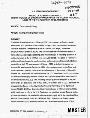 Finding of no significant impact: Interim storage of enriched uranium above the maximum historical level at the Y-12 Plant Oak Ridge, Tennessee