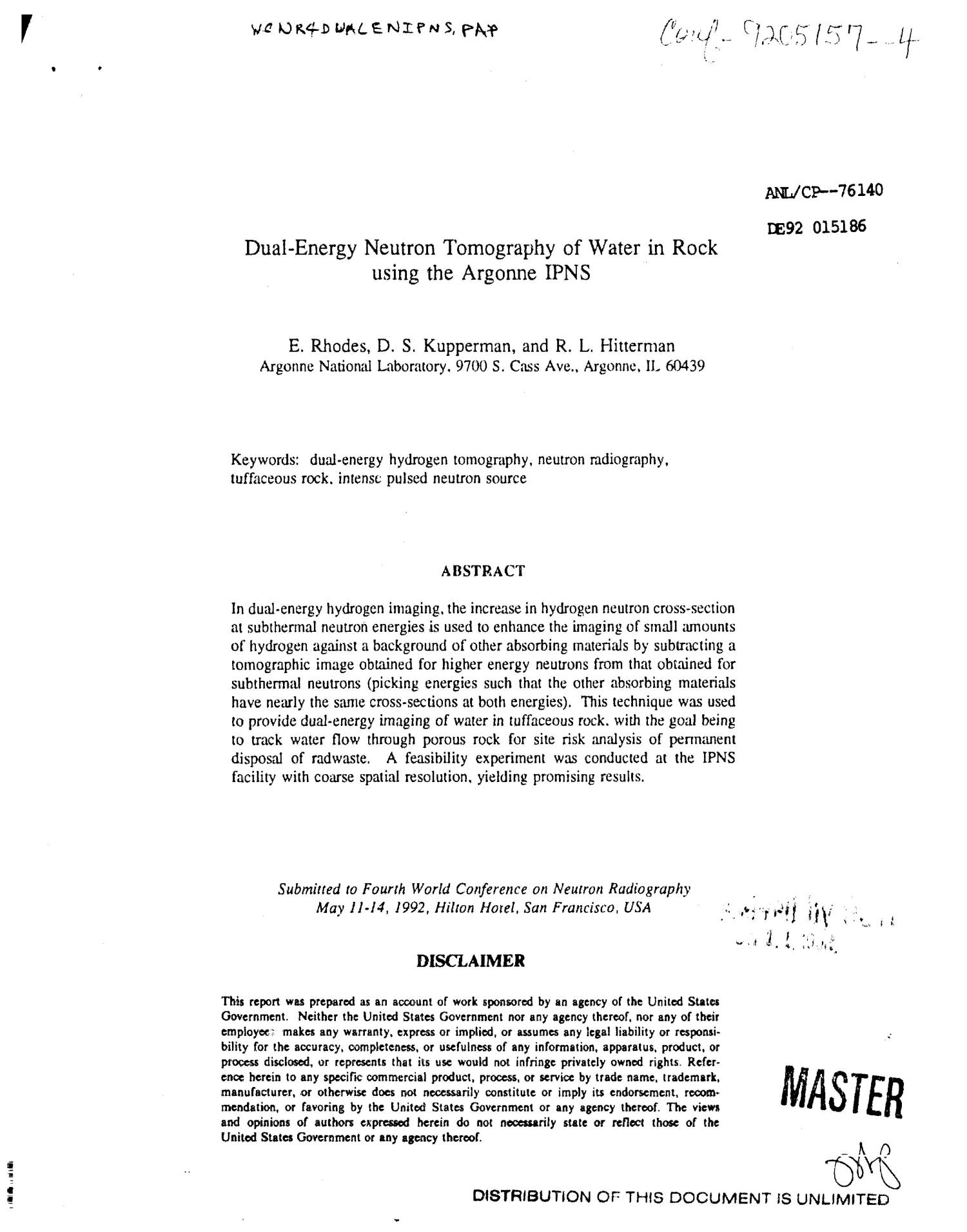 Dual-energy neutron tomography of water in rock using the Argonne IPNS
                                                
                                                    [Sequence #]: 1 of 8
                                                