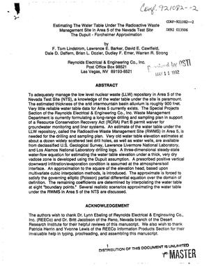 Estimating the water table under the Radioactive Waste Management Site in Area 5 of the Nevada Test Site: The Dupuit-Forcheimer approximation
