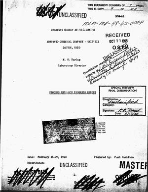 Process research progress report, February 16--29, 1948
