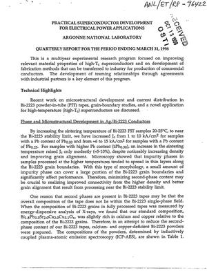 Practical superconductor development for electrical power applications - quarterly report for the period ending March 31, 1998 1997.