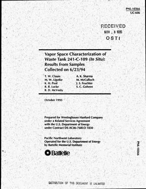 Vapor space characterization of waste Tank 241-C-109 (in situ): Results from samples collected on 6/23/94