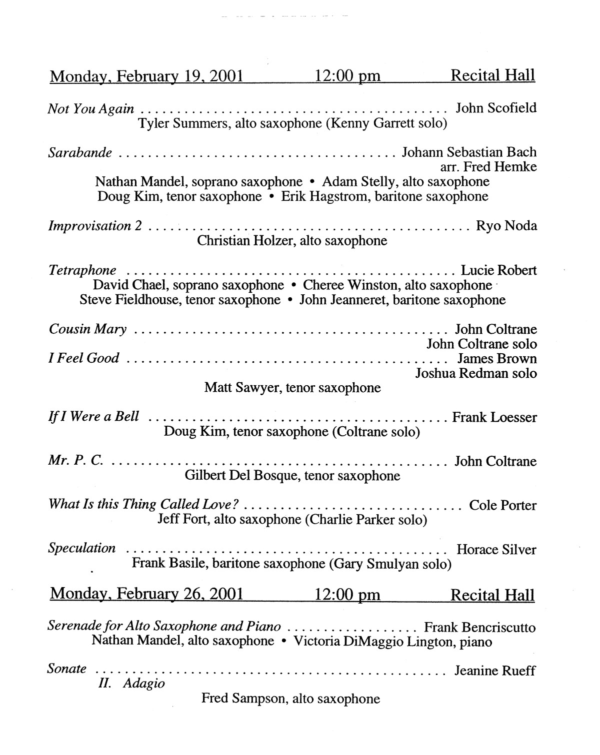 College Of Music Program Book 00 01 Ensemble Performances Vol 2 Page 285 Of 364 Unt Digital Library