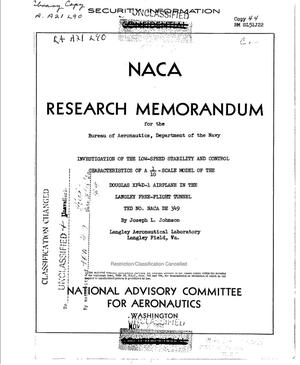 Investigation of the Low-Speed Stability and Control Characteristics of a 1/10-Scale Model of the Douglas XF4D-1 Airplane in the Langley Free-Flight Tunnel TED No. NACA DE 349