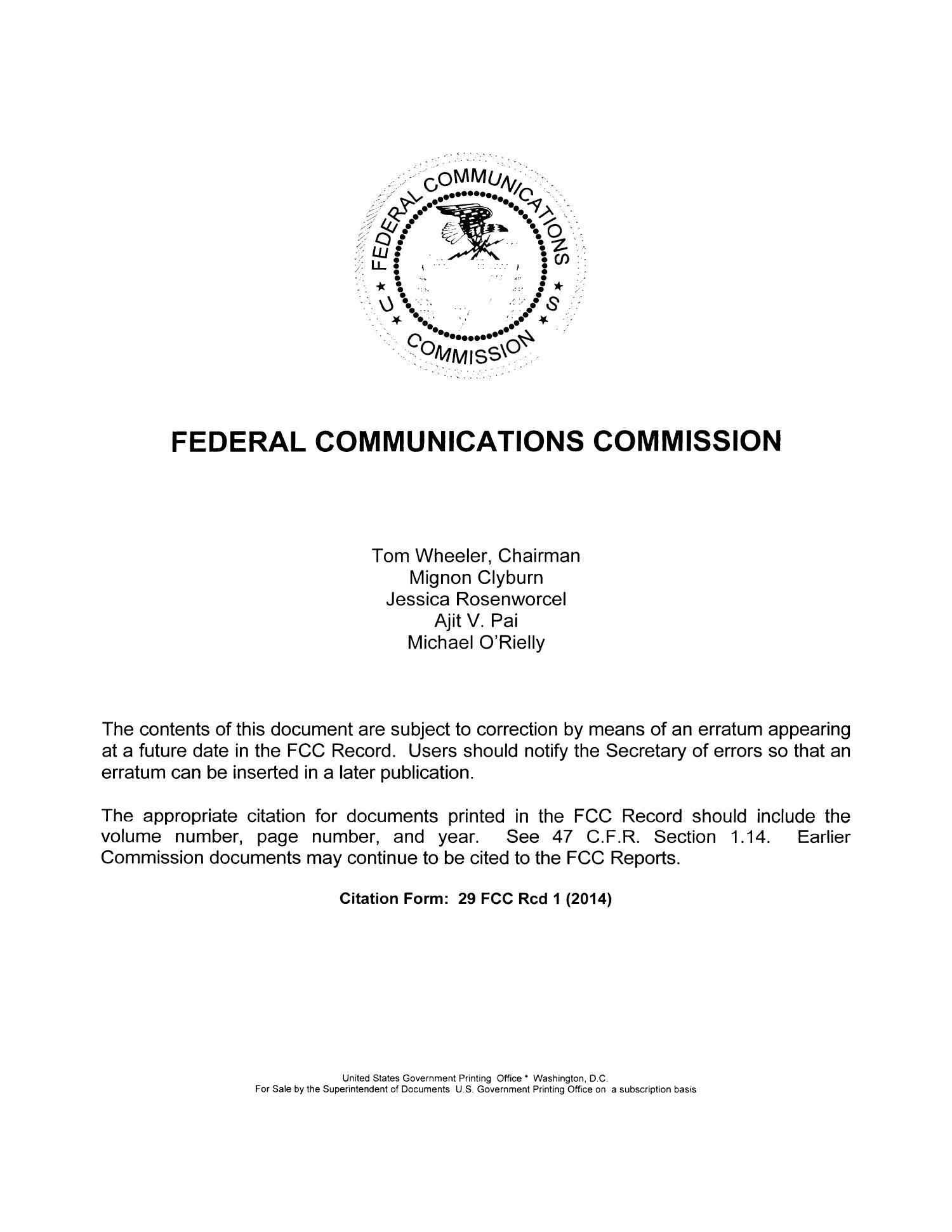 FCC Record, Volume 29, No. 19, Pages 15,111 to 16,051, December 17, 2014 - December 19, 2014
                                                
                                                    Title Page
                                                