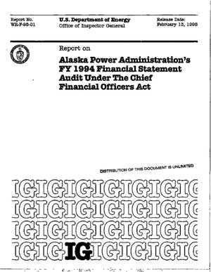 Alaska Power Administration Federal Power Program financial statements with supplementary information September 30, 1994 and September 30, 1993 with auditors` reports thereon