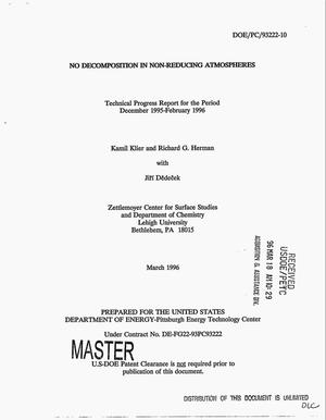 NO decomposition in non-reducing atmospheres. Technical progress report, December 1995--February 1996