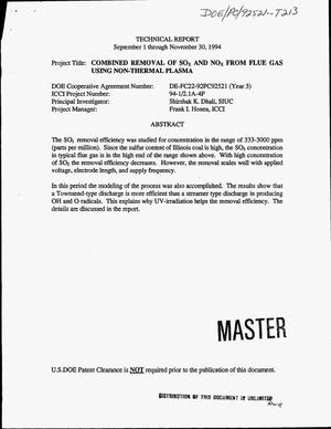 Combined removal of SO{sub x} and NO{sub x} from flue gas using non-thermal plasma. [Quarterly] technical report, September 1--November 30, 1994