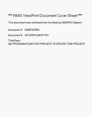 Quality Assurance Program Plan for Project W-379: Spent Nuclear Fuels Canister Storage Building Projec