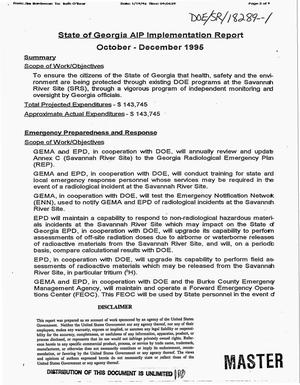 State of Georgia quarterly AIP Implementation Report: October--December 1995