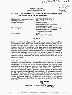 Advanced physical coal cleaning to comply with potential air toxic regulations. Quarterly report, 1 March 1995--31 May 1995