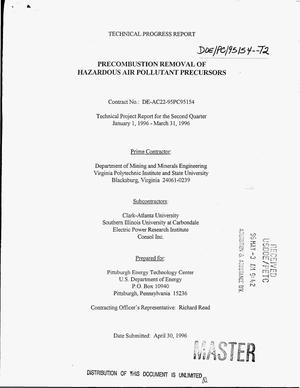 Precombustion removal of hazardous air pollutant precursors. Second quarterly technical progress report, January 1, 1996--March 31, 1996