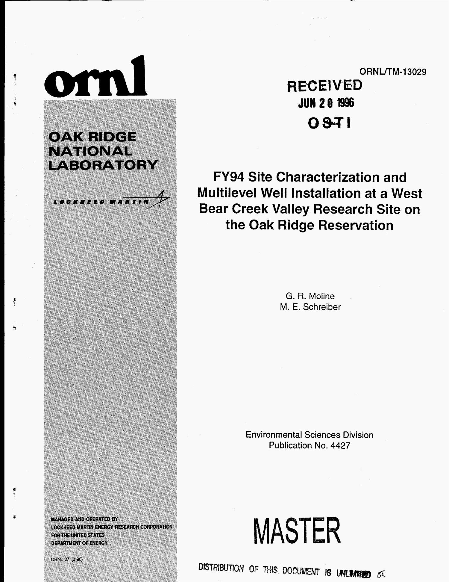 FY94 site characterization and multilevel well installation at a west Bear Creek Valley research site on the Oak Ridge Reservation
                                                
                                                    [Sequence #]: 1 of 91
                                                