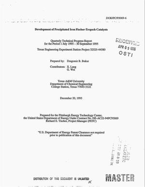 Development of precipitated iron Fischer-Tropsch catalysts. Quarterly technical progress report, 1 July 1995--30 September 1995