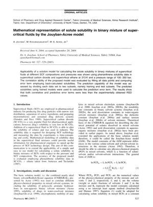 Primary view of object titled 'Mathematical representation of solute solubility in binary mixture of supercritical fluids by the Jouyban-Acree model'.