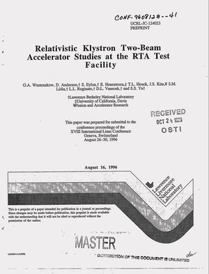 Relativistic Klystron Two-Beam Accelerator studies at the RTA test facility