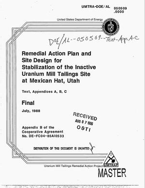 Remedial Action Plan and site design for stabilization of the inactive uranium mill tailings site at Mexican Hat, Utah: Text, Appendices A--C. Final report