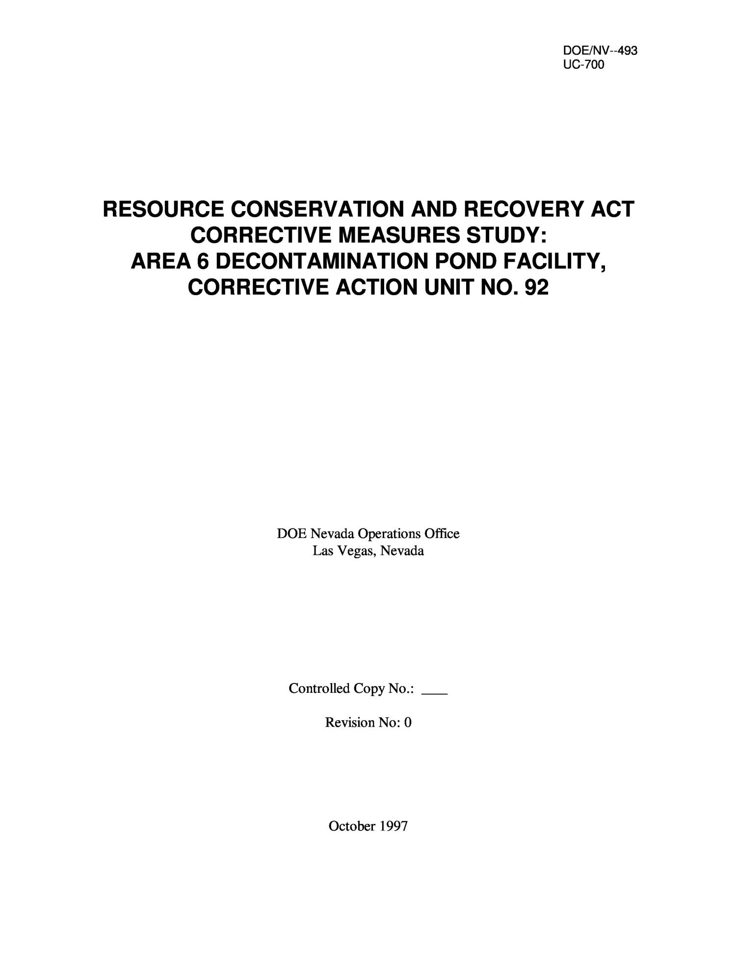 Resource Conservation and Recovery Act corrective measures study: Area 6 decontamination pond facility, corrective action unit no. 92
                                                
                                                    [Sequence #]: 2 of 179
                                                