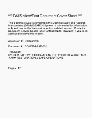 System Safety Program Plan for Project W-314, tank farm restoration and safe operations