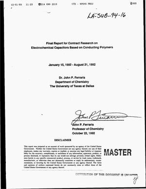 Final report for contract research on electrochemical capacitors based on conducting polymers, January 15--August 31, 1992
