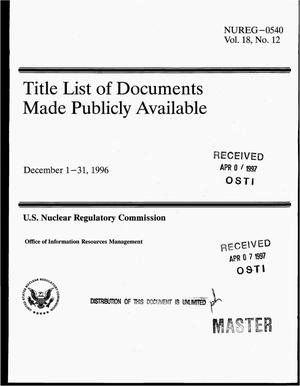 Title list of documents made publicly available: December 1--31, 1996. Volume 18, Number 12