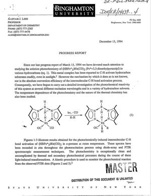 [Photochemistry of intermolecular C-H bond activation reactions]. Progress report, [September 15, 1994--March 15, 1995]