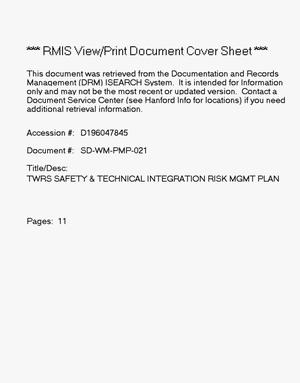 TWRS safety and technical integration risk management plan