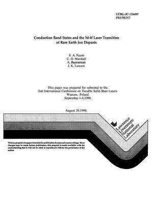 Conduction band states and the 5d-4f laser transition of rare earth ion dopants