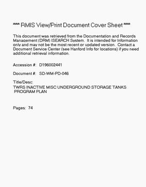Tank Waste Remediation System Inactive Miscellaneous Underground Storage Tanks Program Plan