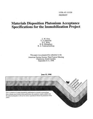 Materials disposition plutonium acceptance specifications for the immobilization project