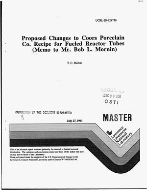 Proposed changes to Coors Procelain Co. recipe for fueled reactor tubes (Memo to Mr. Bob L. Mornin)