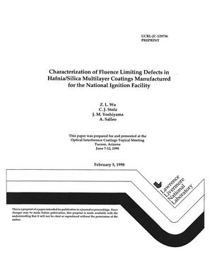 Characterization of fluence limiting defects in hafnia/silica multilayer coatings manufactured for the National Ignition Facility