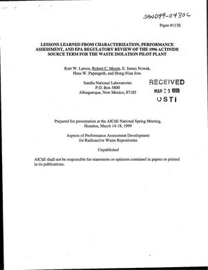 Lessons Learned from Characterization, Performance Assessment, and EPA Regulatory Review of the 1996 Actinide Source Term for the Waste Isolation Pilot Plant