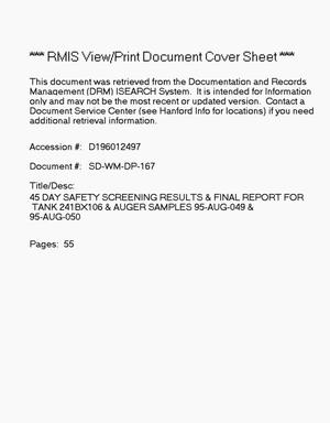 Primary view of object titled '45-day safety screening results and final report for Tank 241-BX-106, auger samples 95-AUG-049 and 95-AUG-050'.