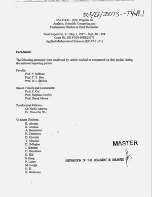 Analysis, scientific computing and fundamental studies in fluid mechanics. Final report Number 21, May 1, 1997--September 30, 1998