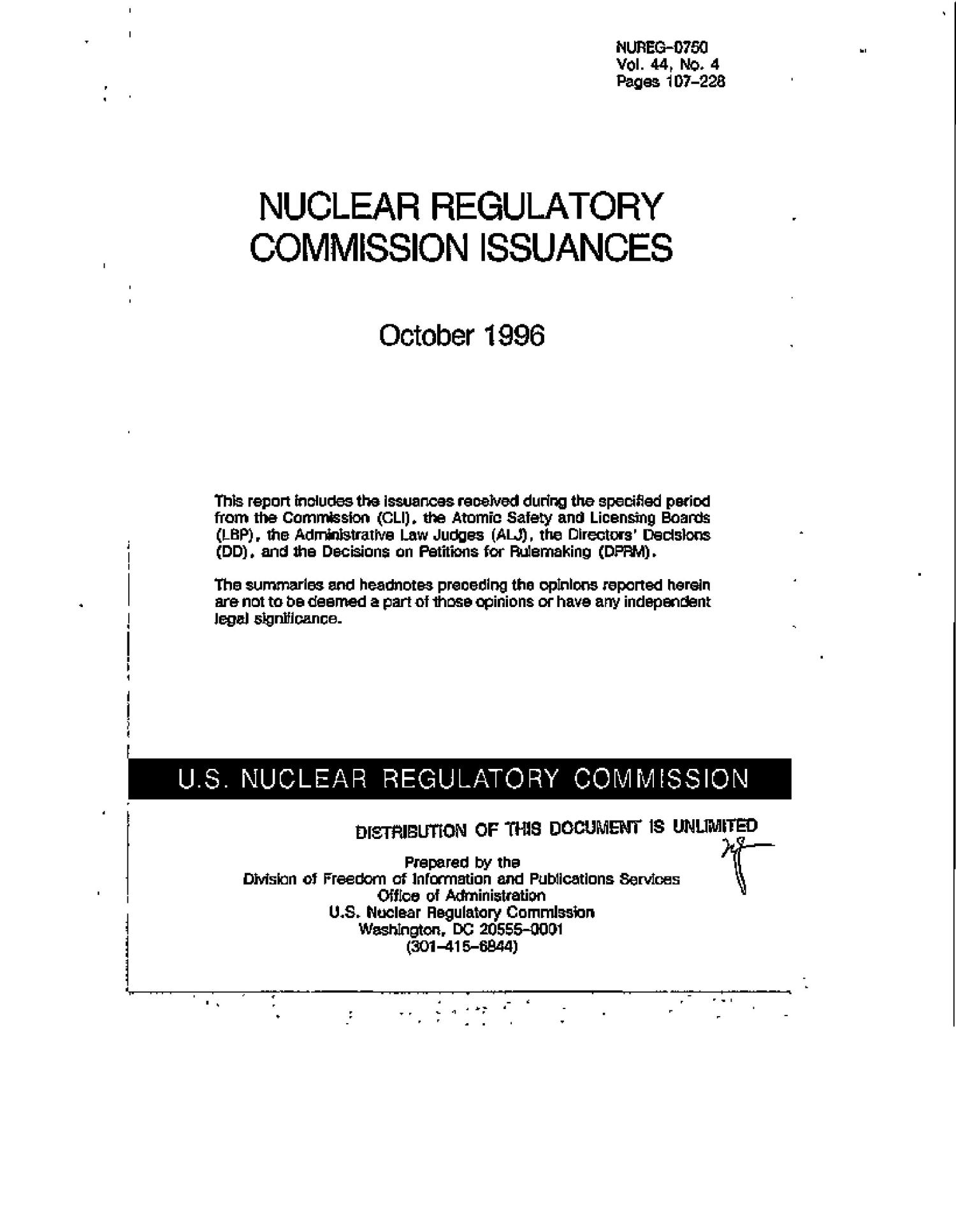 Nuclear Regulatory Commission issuances, Volume 44, No. 4
                                                
                                                    [Sequence #]: 4 of 135
                                                